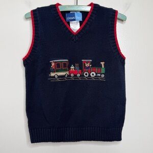 Vintage Christmas Train Dogs Sweater Vest Navy Blue Red Kids Toddler 4T CUTE
